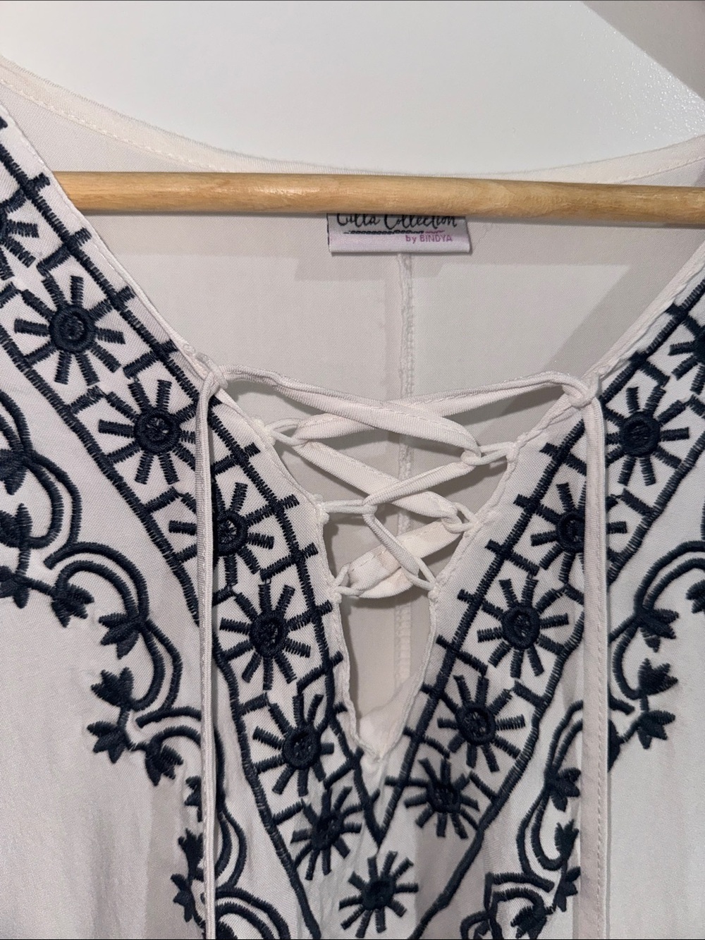 White Boho Lace-Up Kaftan with Navy Embroidery - Picture 2 of 5